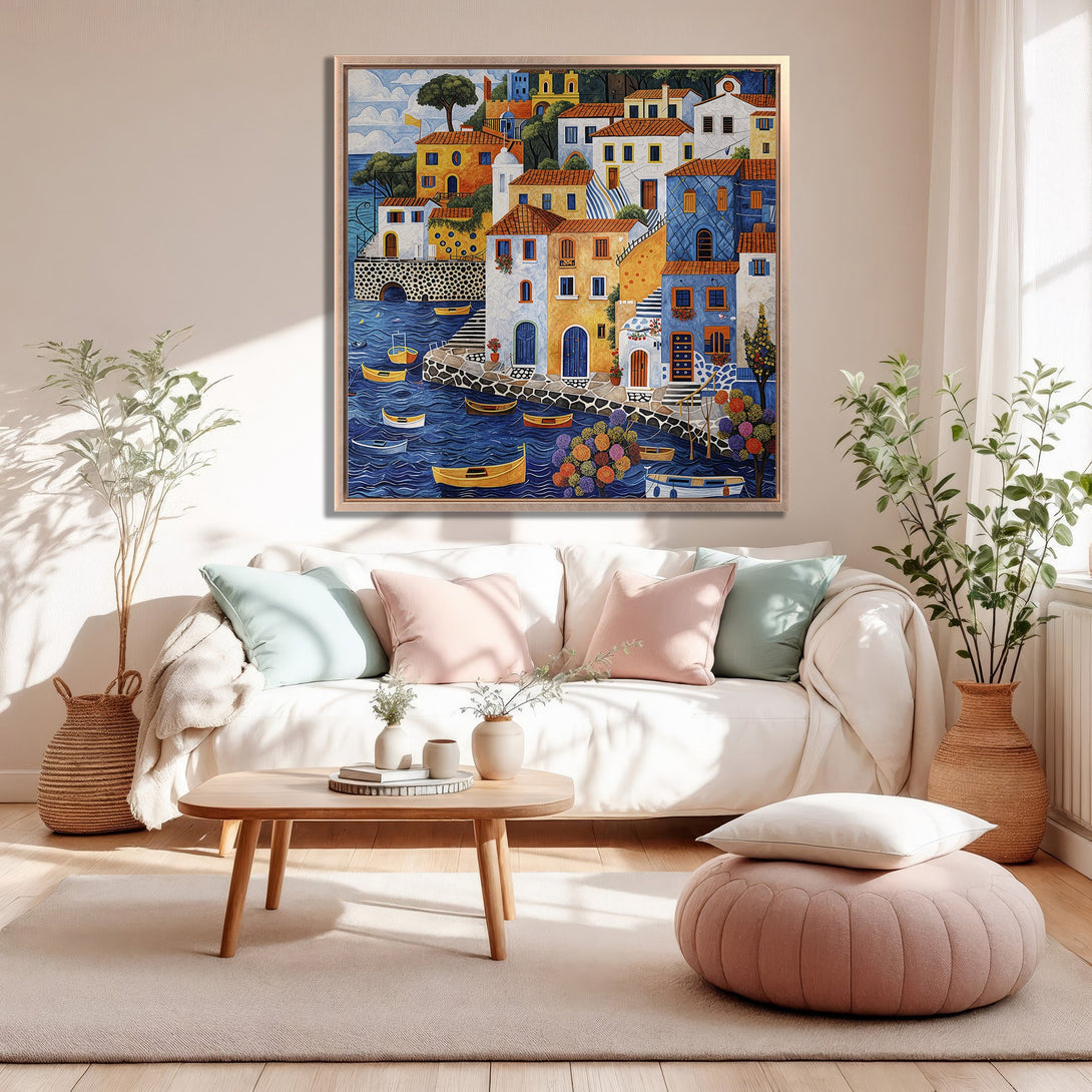 Framed Wall Art featuring a vibrant coastal village scene. Colorful buildings in a Mediterranean style, with a warm, inviting palette. Perfect for adding character to your home!