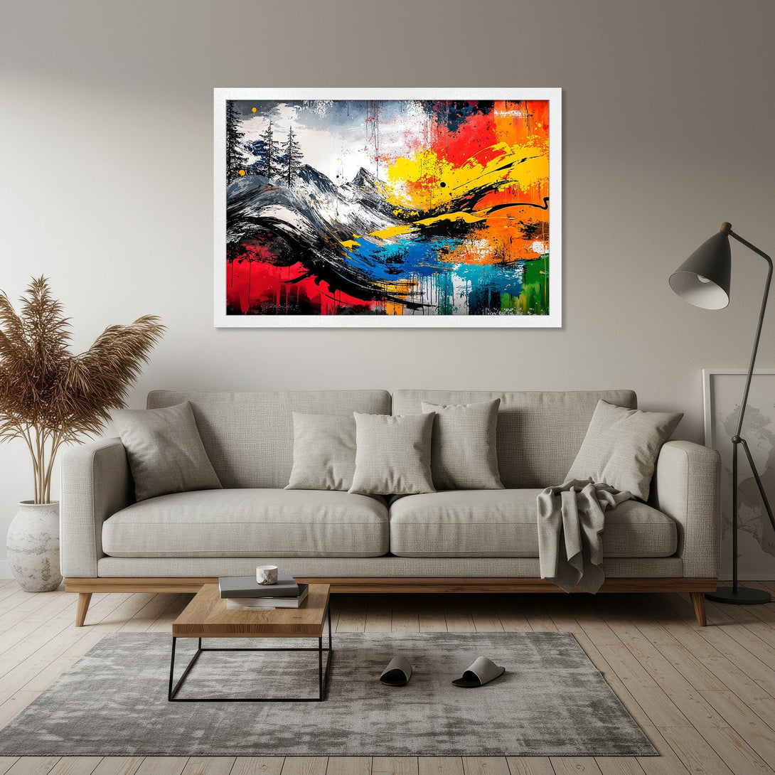 Framed Poster featuring abstract mountain art with vibrant colors. Modern style, colorful palette. Elevate your space with this unique Poster!