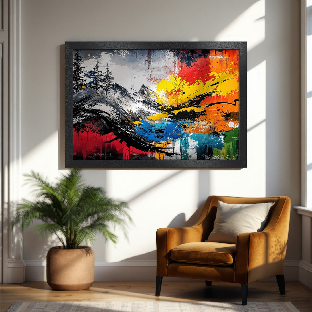Framed Poster of abstract mountain landscape art with vibrant colors, perfect wall decor.