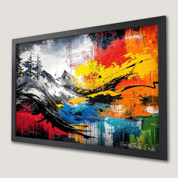 Framed Poster featuring an abstract mountain landscape in vibrant colors. Modern art style with a bold, colorful palette.