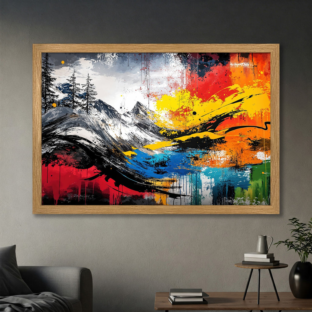 Framed Poster featuring an abstract mountain landscape in a vibrant, colorful style with a dynamic palette of red, yellow, blue, and black.