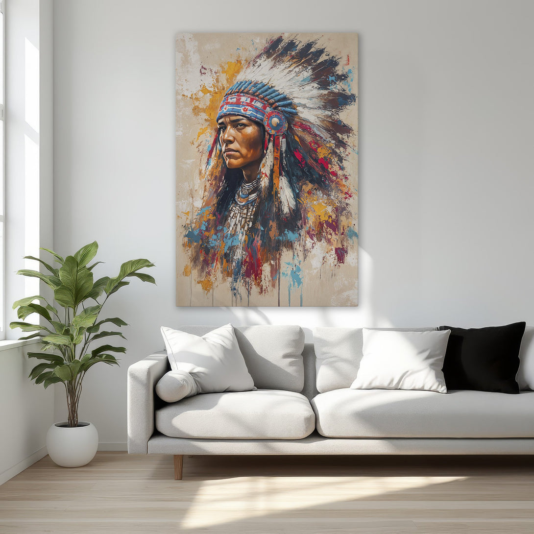 Framed Wall Art: Native American portrait in vibrant, abstract style with a warm color palette. Perfect for adding a touch of culture to your space.