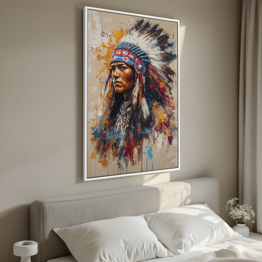 Framed Wall Art: Native American portrait canvas print in vibrant colors. Perfect for adding a touch of culture and style to your home decor.