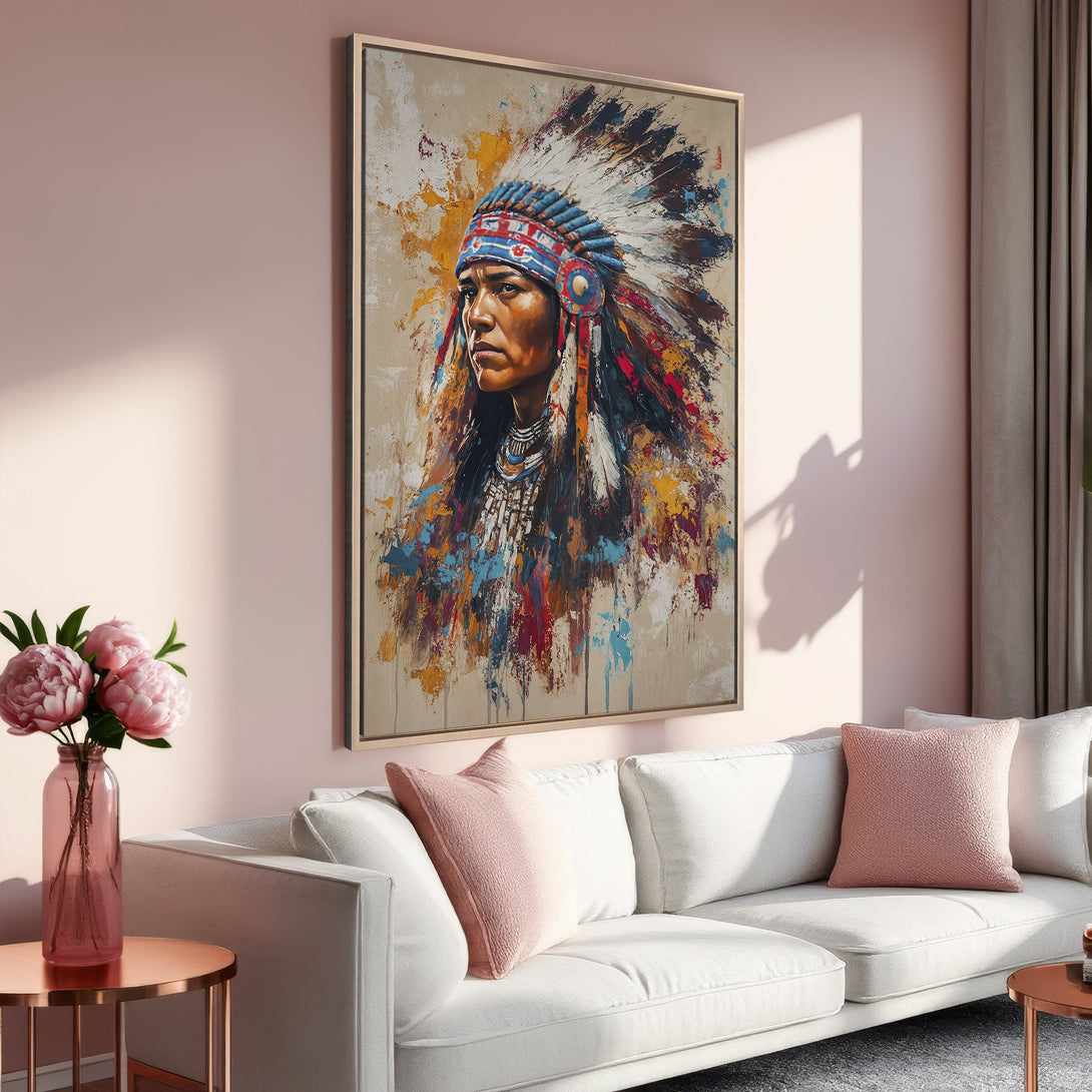 Framed Wall Art: Native American portrait in vibrant, abstract style. Earthy tones with pops of blue, red, and yellow. Perfect for living room decor.
