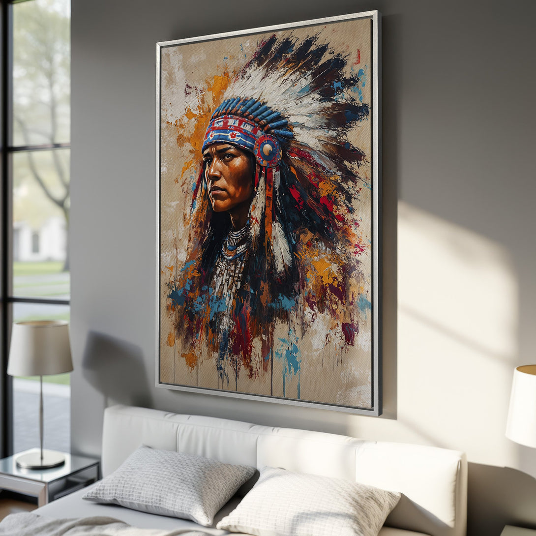 Framed Wall Art: Native American portrait canvas print in an abstract style, featuring a vibrant palette of blues, reds, and earth tones. Perfect for living rooms!
