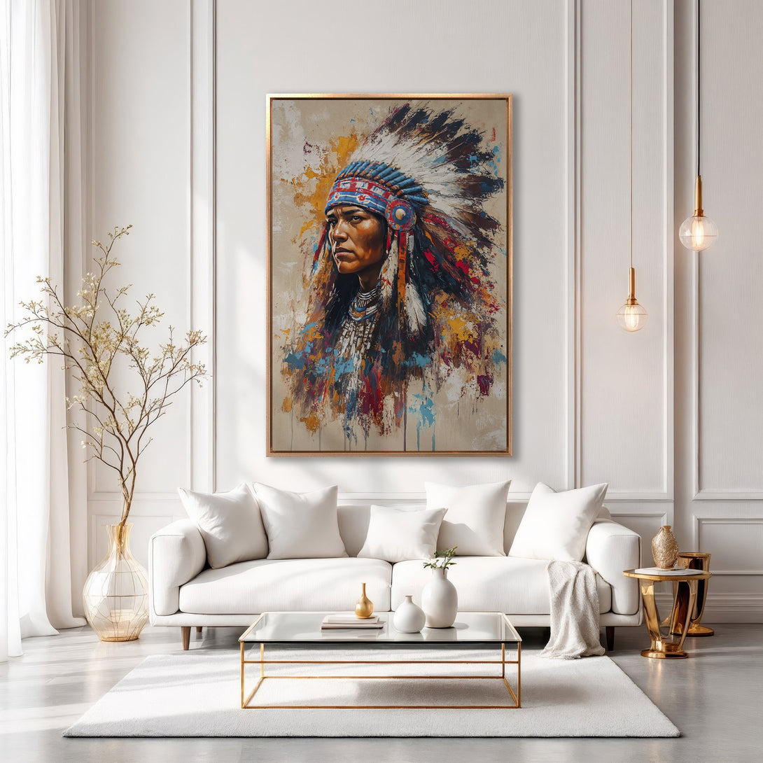 Framed Wall Art: Native American portrait in vibrant colors. Abstract style Canvas Print adds a touch of elegance to any living room.