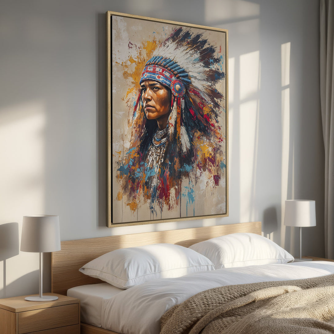 Framed Wall Art Canvas Print of Native American. Abstract style, vibrant colors on neutral background. Perfect bedroom decor.