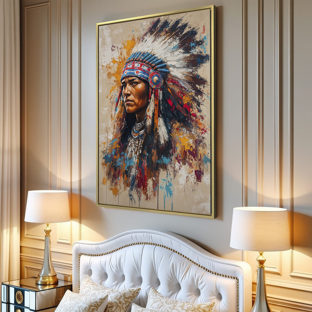 Canvas Print of Native American portrait in vibrant, colorful abstract style. Adds a bold statement to any space.