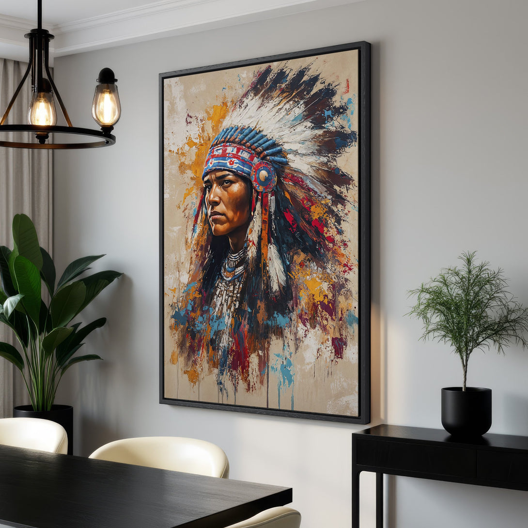 Framed Wall Art: Native American portrait in vibrant colors. Abstract style canvas print with warm tones, perfect for adding art to your home decor.