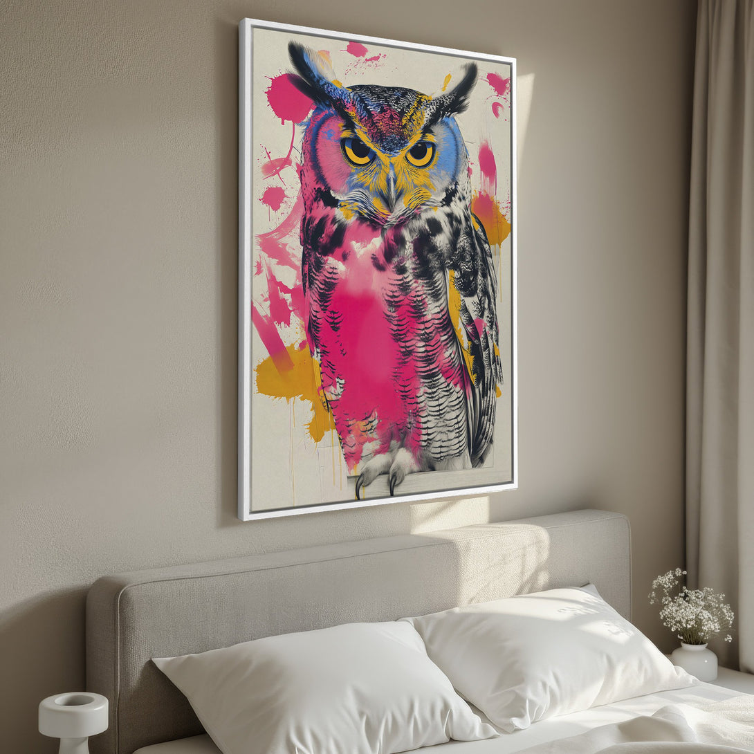 Framed Wall Art featuring a vibrant owl in a modern, abstract style with a pink, yellow, and blue color palette. Perfect for bedroom decor!