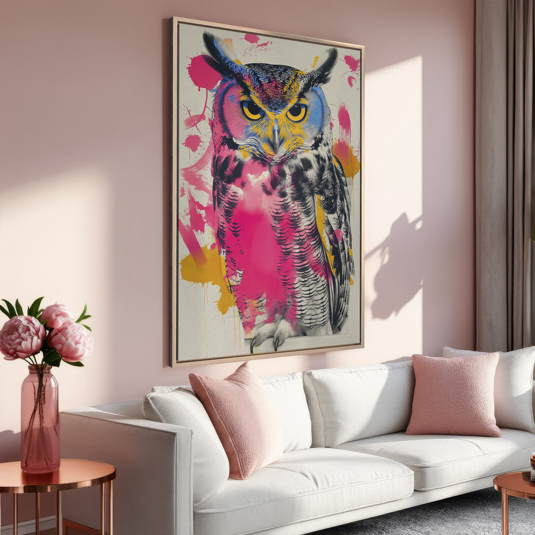 Framed Wall Art: Colorful owl portrait canvas print with pink, yellow, and blue accents. Modern art for home decor, adds a pop of color to any room.