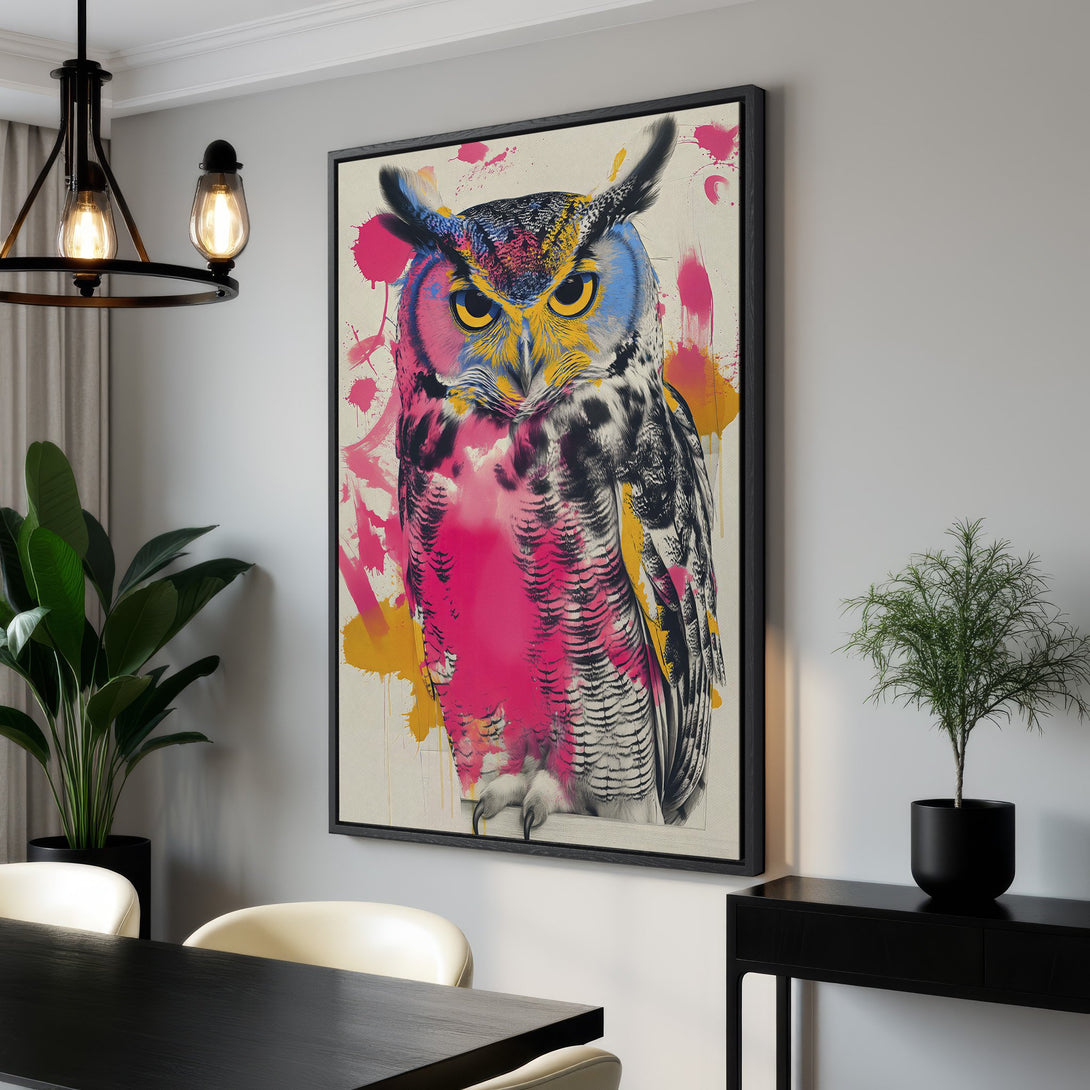 Framed Wall Art: Vibrant owl canvas print in a modern interior. Pop art style with pink, yellow, blue, and black color palette. Perfect statement piece for any room.