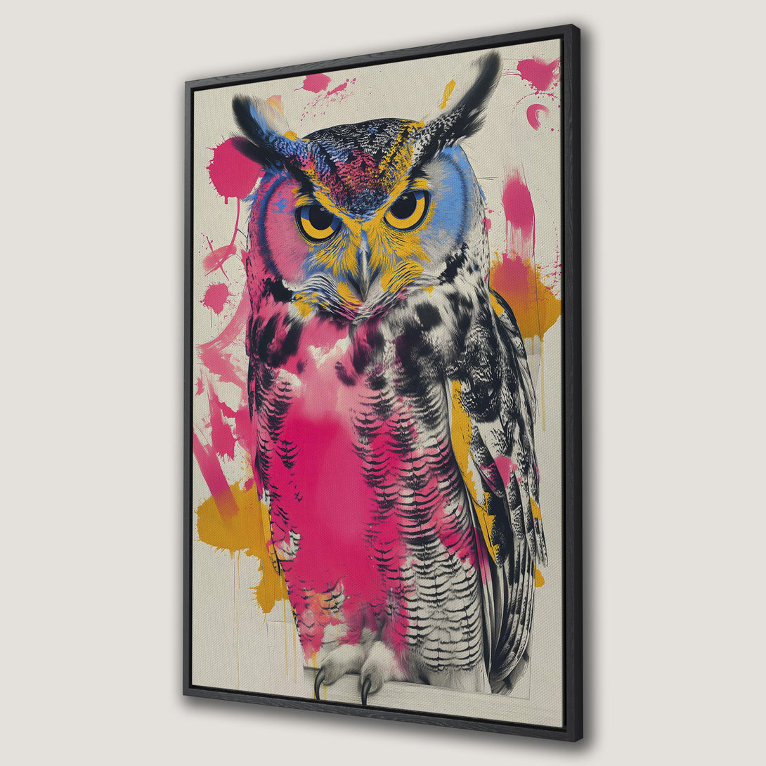 Framed Wall Art: Colorful owl canvas print with vibrant pink, yellow, and blue paint splatter. Modern animal art for your home decor.