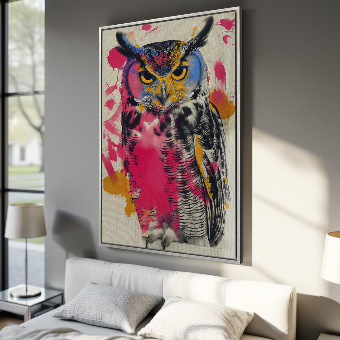 Framed Wall Art: Vibrant owl portrait in pop art style, featuring a colorful pink, blue, and yellow palette. A statement piece for modern home decor.