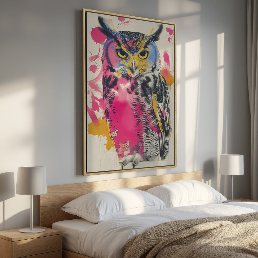 Framed Wall Art: Colorful owl painting in a bedroom. Modern style with pink, yellow, blue, and black accents. Perfect for adding a pop of art to your space.