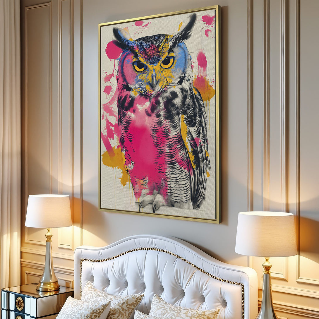 Canvas Print of a vibrant owl with pink, yellow, and blue accents. Modern art style, perfect for adding a pop of color to your home decor.