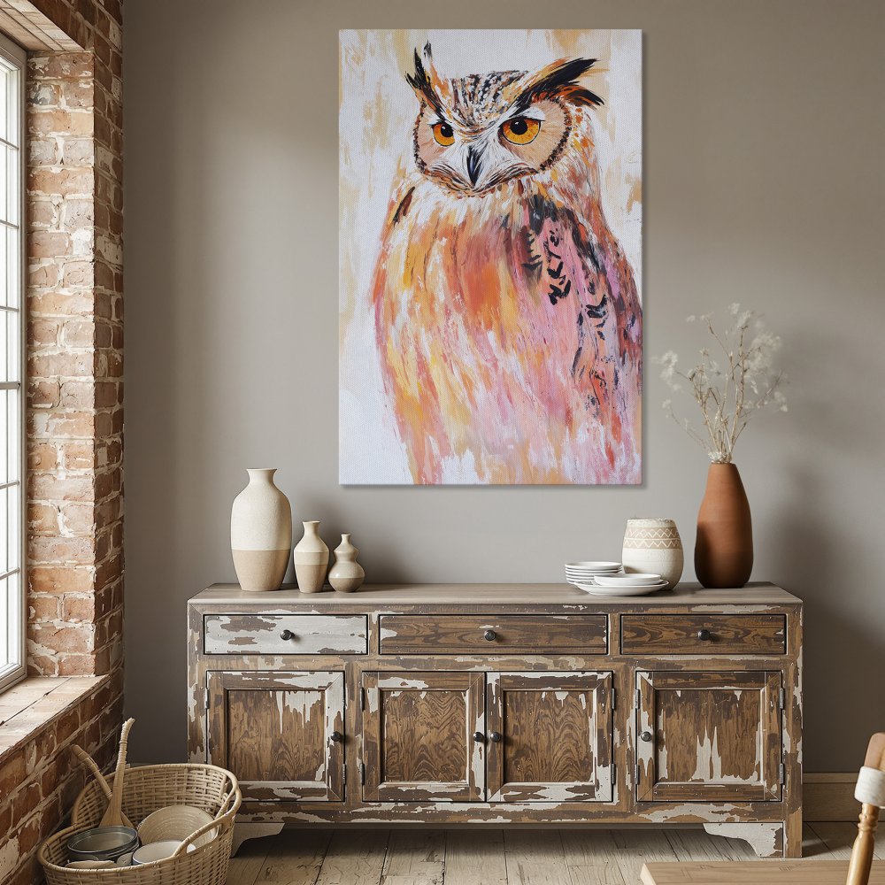 Framed Wall Art: Majestic owl painting in warm orange and pink tones. Add a touch of nature to your home with this stunning Canvas Print.