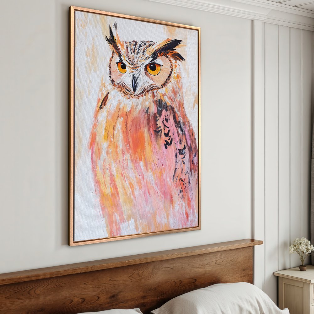 Framed Wall Art: Stunning owl painting in warm orange & pink tones, perfect for adding a touch of nature and style to your home decor.