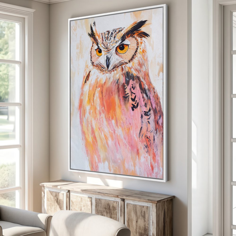 Framed Wall Art: Stunning owl painting in warm orange and pink hues. Add a touch of nature and modern art to your home decor. Shop now!