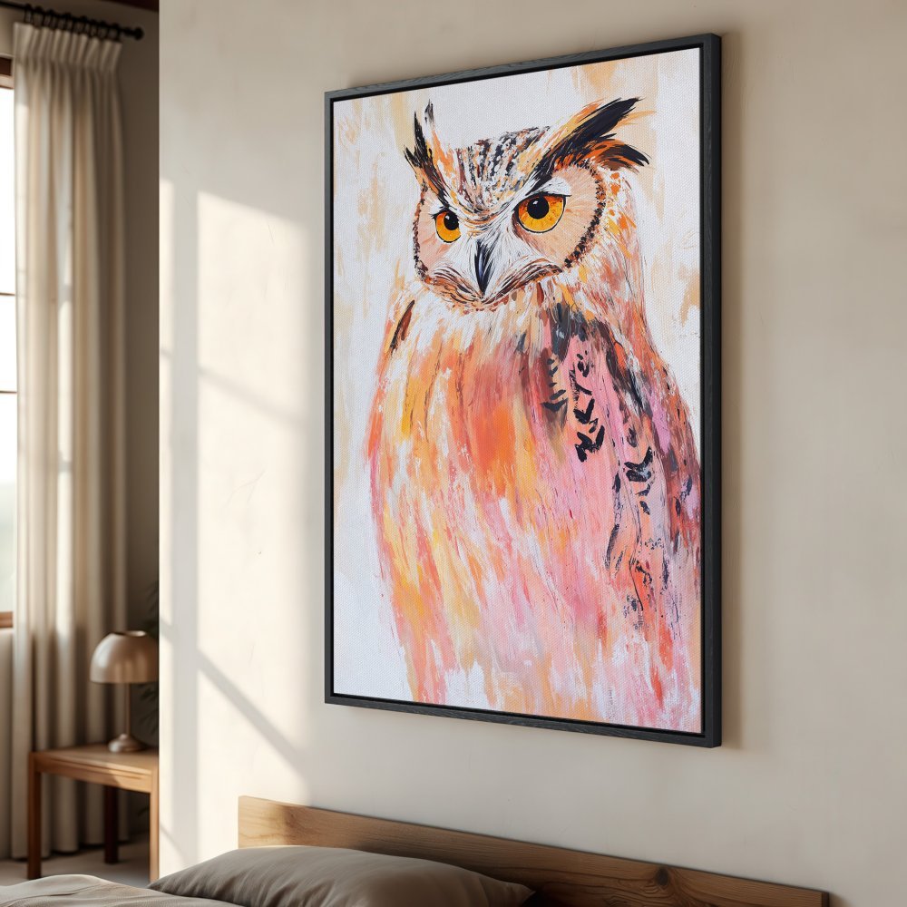 Framed Wall Art featuring a vibrant owl painting. Warm orange and pink color palette, perfect for adding a touch of nature and style to your home decor.