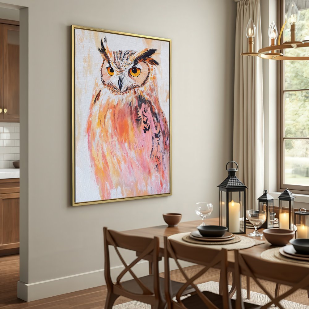 Owl Canvas Print in warm orange and pink tones, perfect for adding art to your home decor.