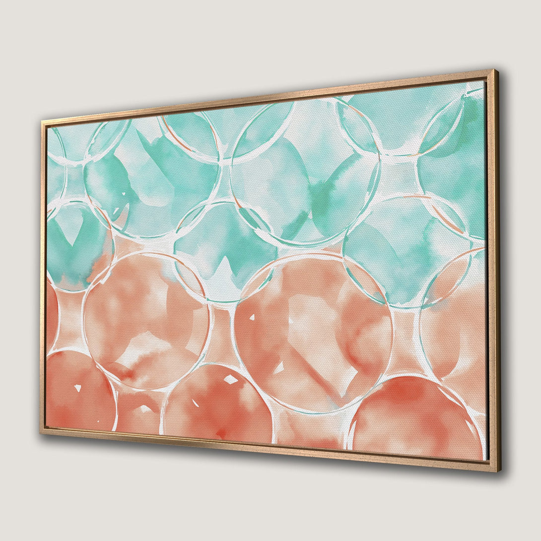 Framed Wall Art featuring abstract watercolor circles in teal and coral. Modern art canvas print for a stylish home.