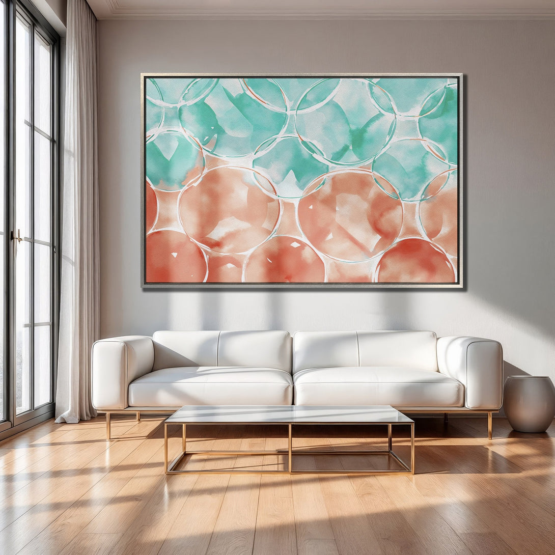 Framed Wall Art featuring abstract watercolor circles in teal and coral. Modern art for your living room. Shop now!