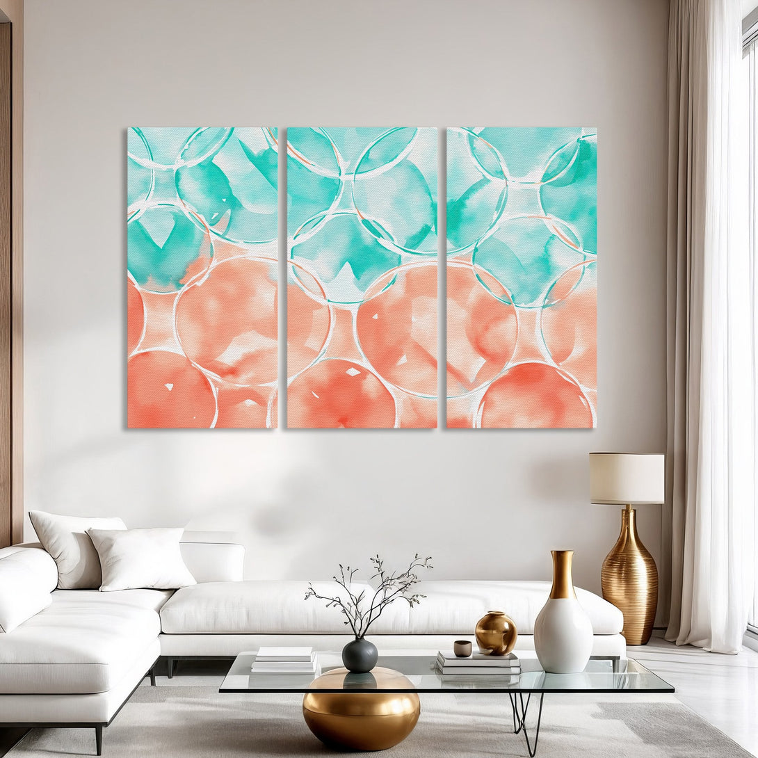 Abstract Canvas Print with teal and coral watercolor circles. Modern art for your home.
