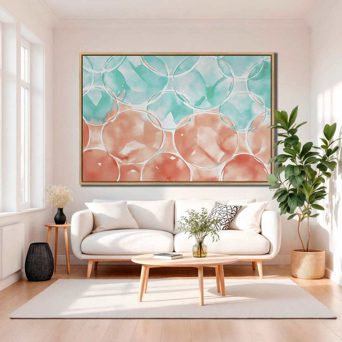 Framed Wall Art featuring an abstract watercolor design in teal and coral hues. Modern home decor inspiration with a calming color palette.