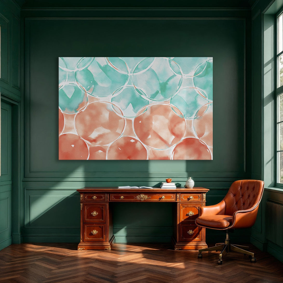 Framed Wall Art: Abstract watercolor circles in teal and coral. Modern art canvas print adds a pop of color to any dining room.