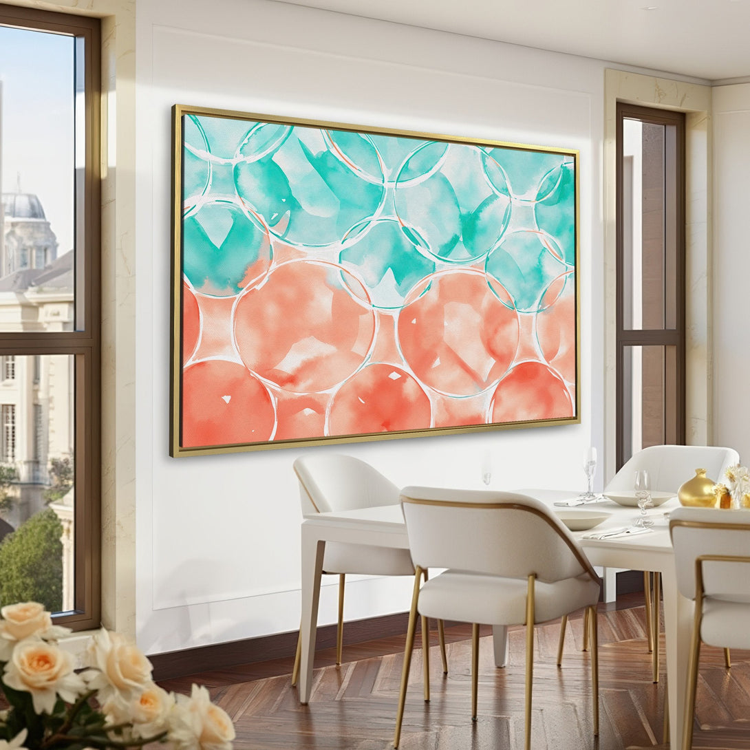 Watercolor bubble Canvas Print in teal and coral, perfect for adding a pop of color to any space. Modern wall art for home decor.