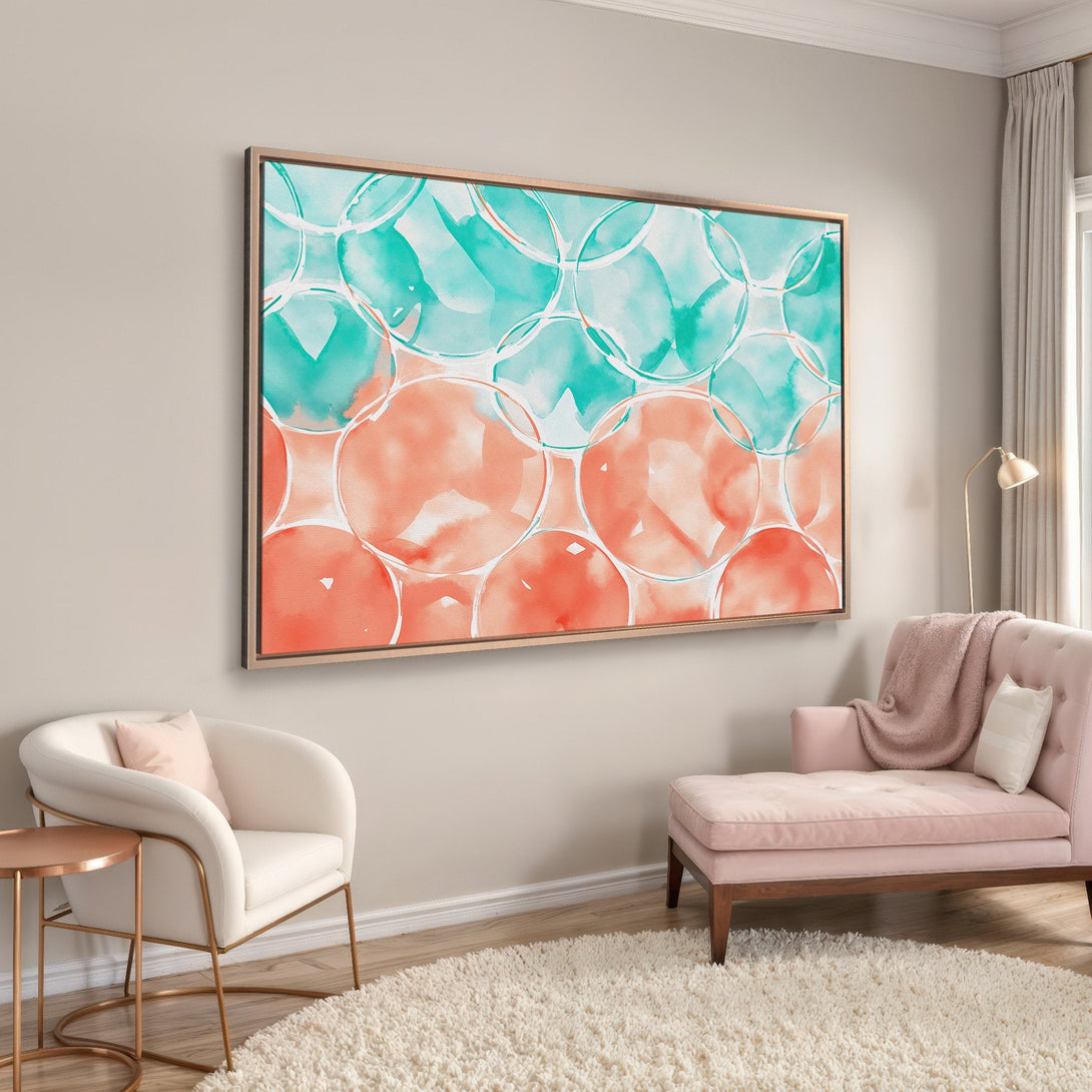 Framed Wall Art featuring a watercolor abstract design in teal and coral, displayed in a modern living room setting. Enhance your space with stylish art!
