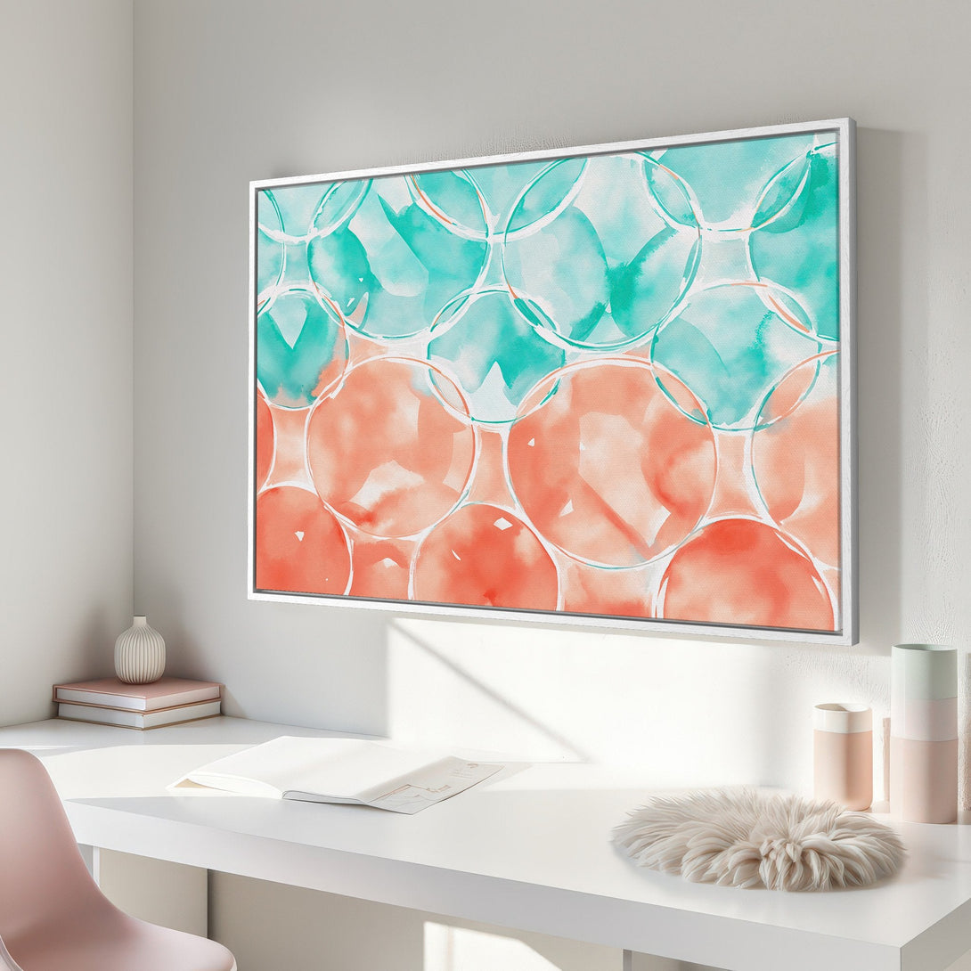 Framed Wall Art featuring watercolor circles in teal and coral. Modern abstract art for your home decor.