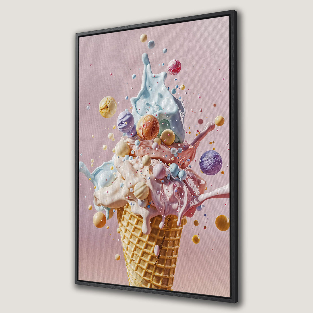 Framed Wall Art featuring a vibrant ice cream explosion in pastel colors. Modern, whimsical design with a pink, blue, and cream color palette. Perfect for adding a pop of fun to any space.