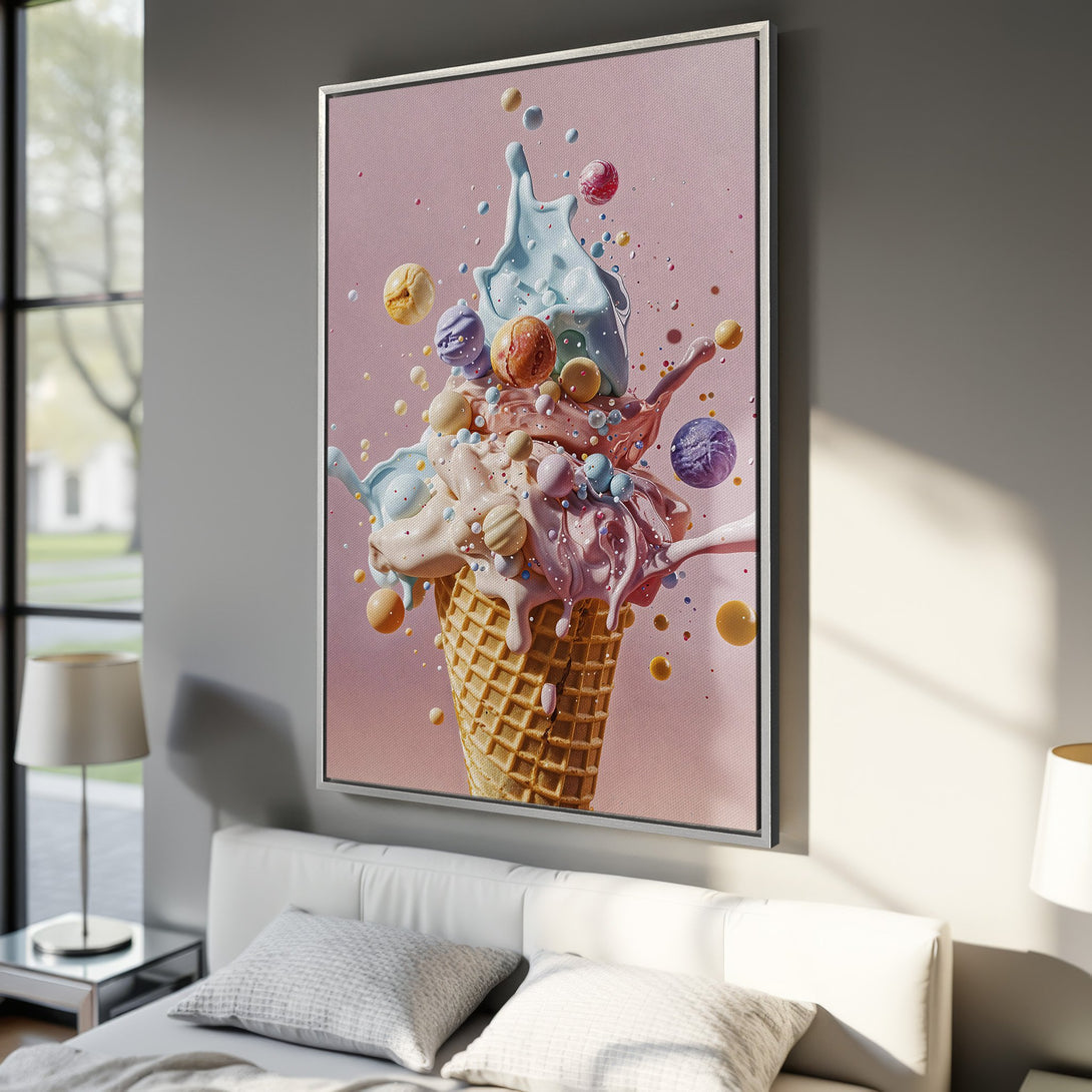 Framed Wall Art featuring a vibrant ice cream cone explosion. Playful, colorful art in pastel pinks, blues, and oranges. Perfect for adding a pop of fun to any space.