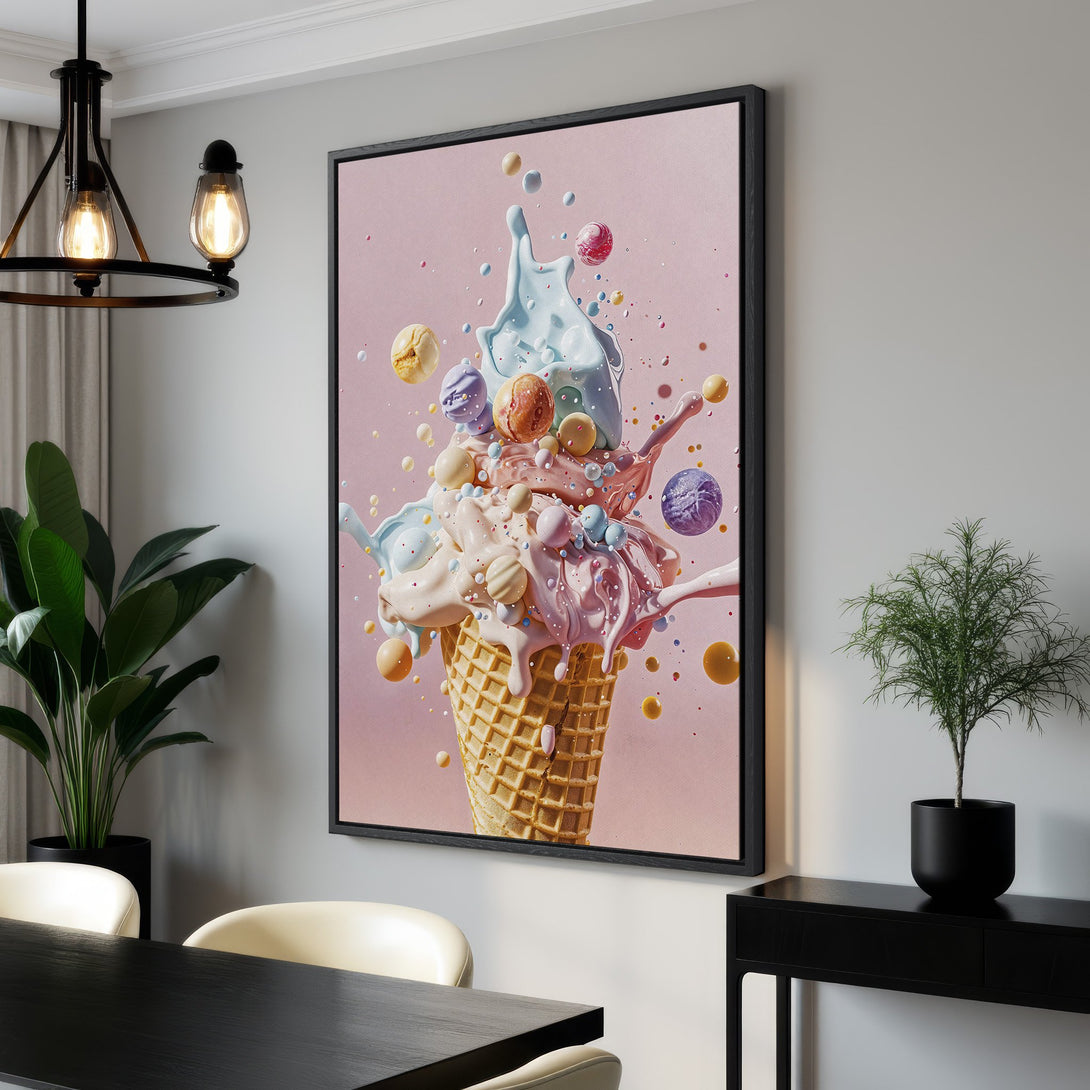 Framed Wall Art: Whimsical ice cream cone art in pastel pink, blue, and cream tones. Modern, playful canvas print perfect for kitchen or dining room decor.