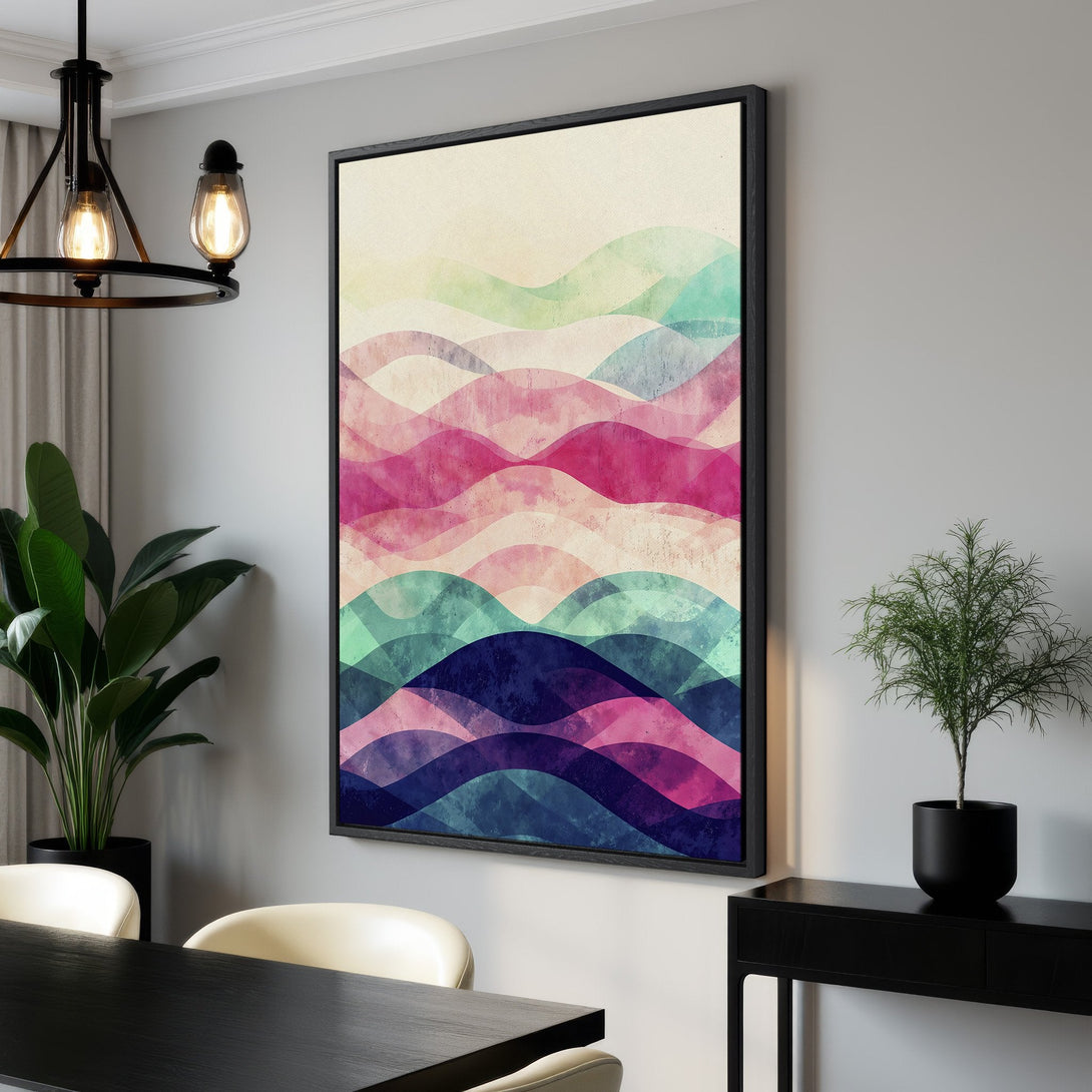 Framed Wall Art: Abstract wave design in vibrant pink, blue, and green hues. Modern art canvas print adds a pop of color to any space.