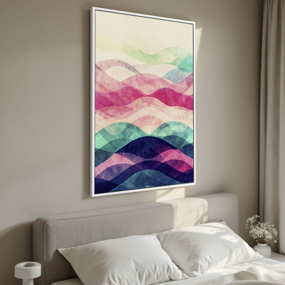 Framed Wall Art featuring abstract watercolor waves in a vibrant pink, teal, and purple color palette. Perfect for adding a pop of color to any space!
