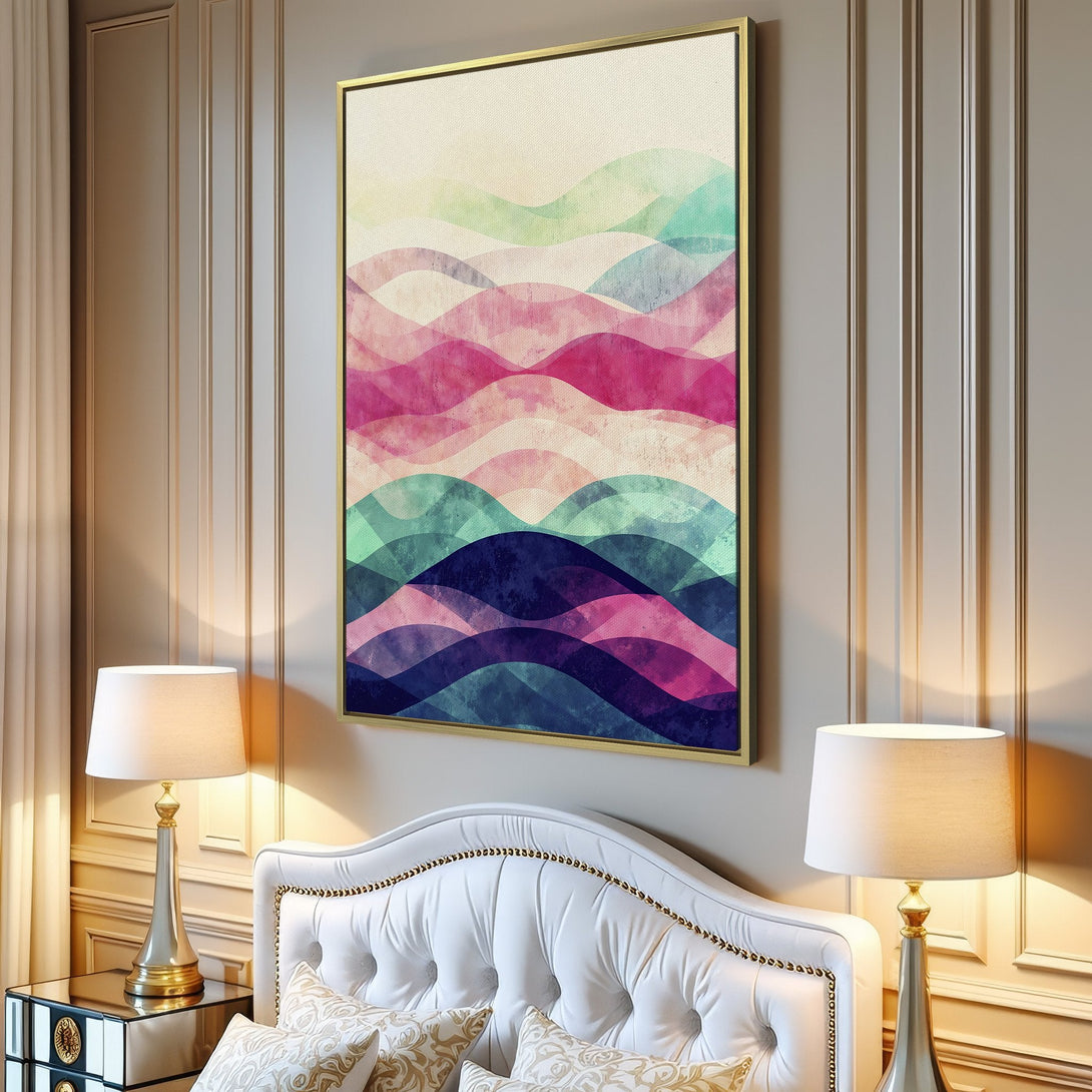 Canvas Print of abstract wave art in a modern interior. Features a watercolor style with pink, blue, and purple hues. Perfect wall decor!