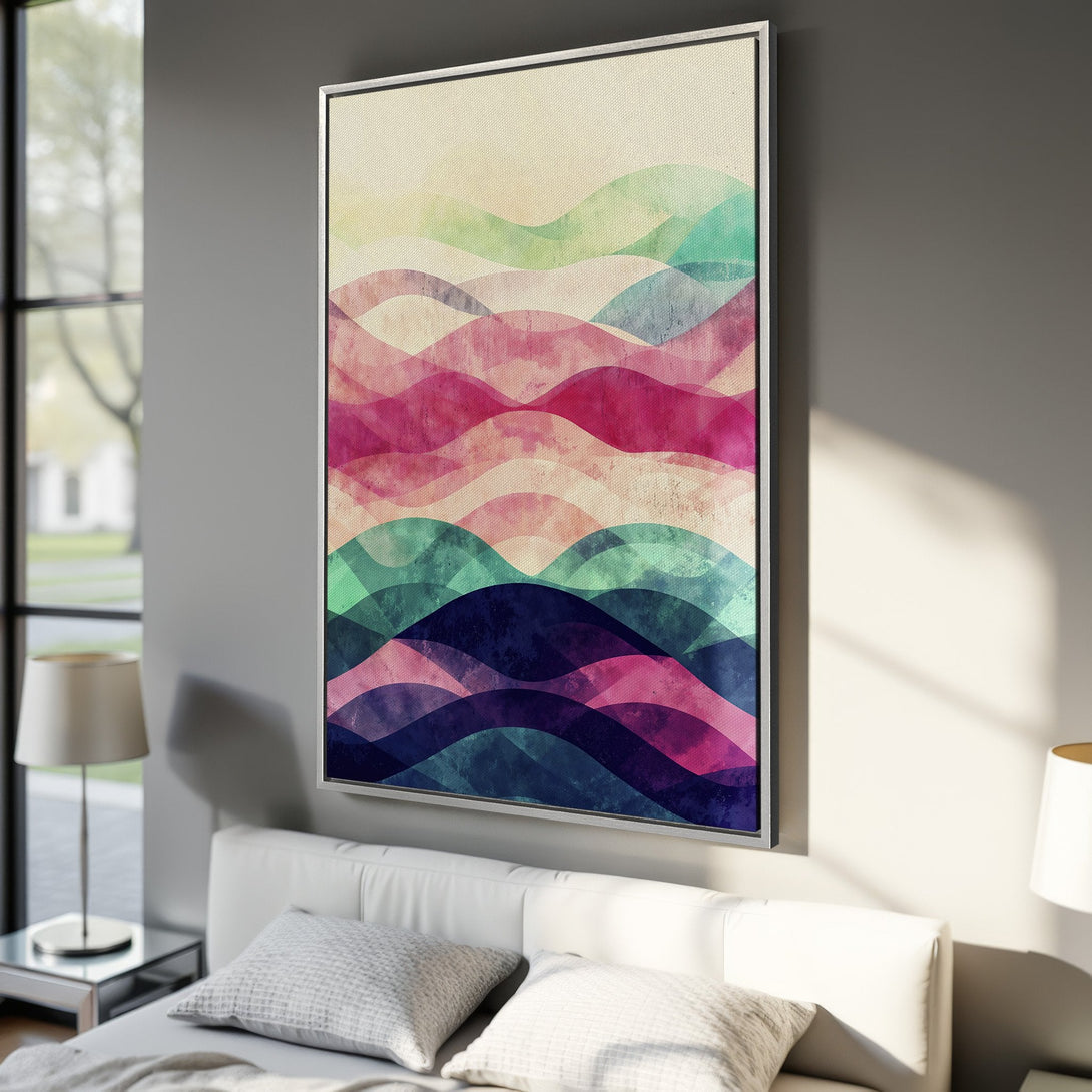 Framed Wall Art: Abstract watercolor waves in vibrant pinks, blues, and greens. Modern art canvas print adds a pop of color to any interior.