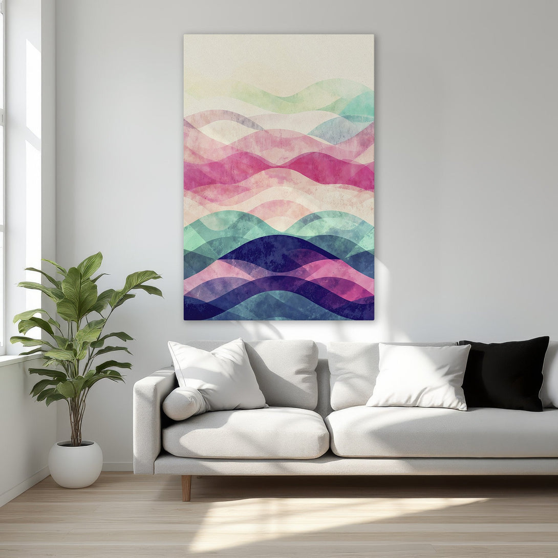 Framed Wall Art: Abstract wave design in vibrant pink, teal, and purple. Modern canvas print adds a pop of color to any interior.