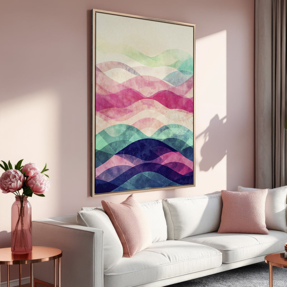 Framed Wall Art featuring abstract waves in a watercolor style. Pink, blue, and green color palette. Perfect for adding a pop of color to your space!