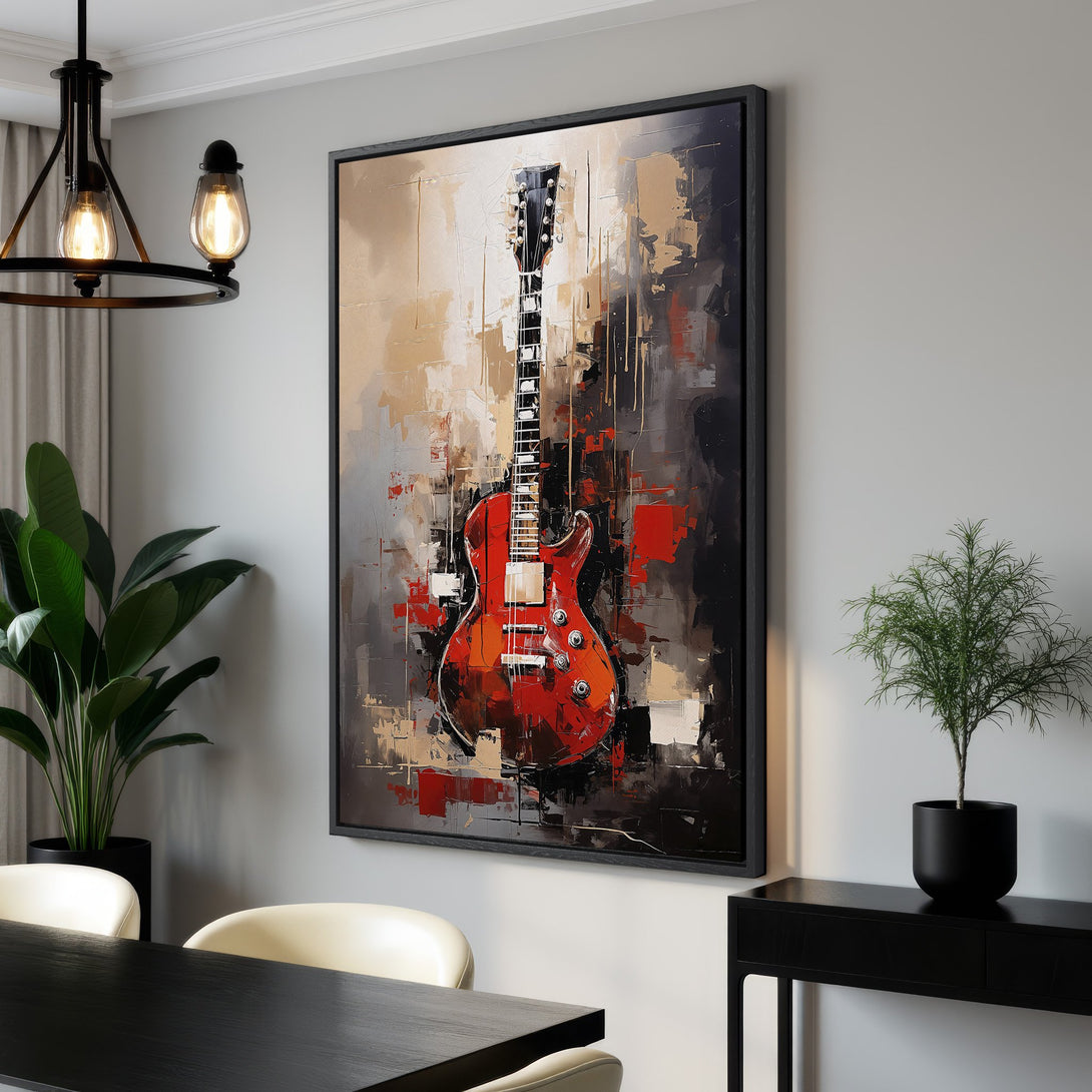 Framed Wall Art: Abstract red guitar painting. Modern art style with a neutral, warm color palette. Perfect for living rooms and music lovers.