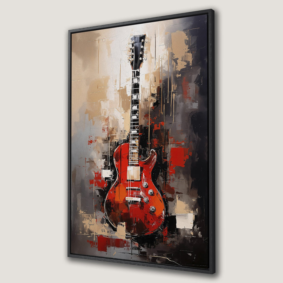 Framed Wall Art featuring a vibrant red guitar in an abstract style. Bold, expressive artwork with a modern color palette of red, black, and neutral tones.