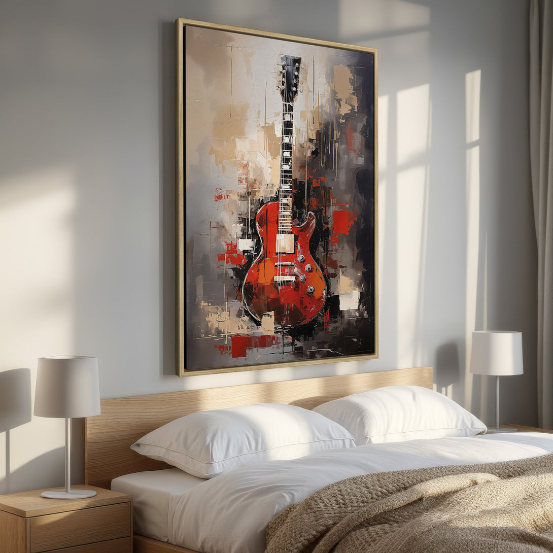 Framed Wall Art: Abstract red guitar painting. Modern art with a warm, neutral color palette. Perfect for bedroom decor and adding a touch of musical style.