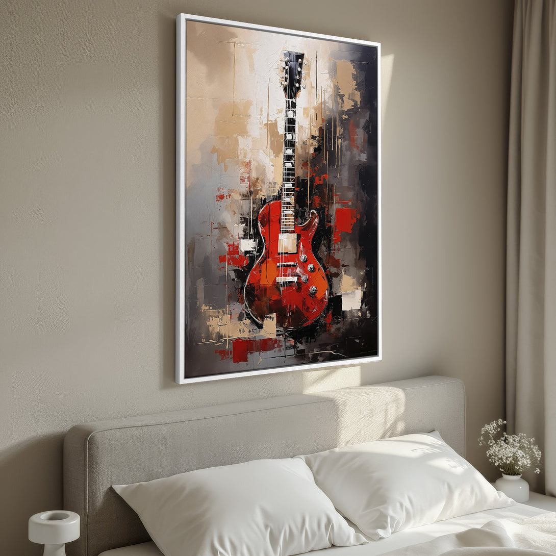 Framed Wall Art: Abstract guitar painting in red, black, and beige. Stylish canvas print adds a modern touch to any bedroom decor. Shop now!