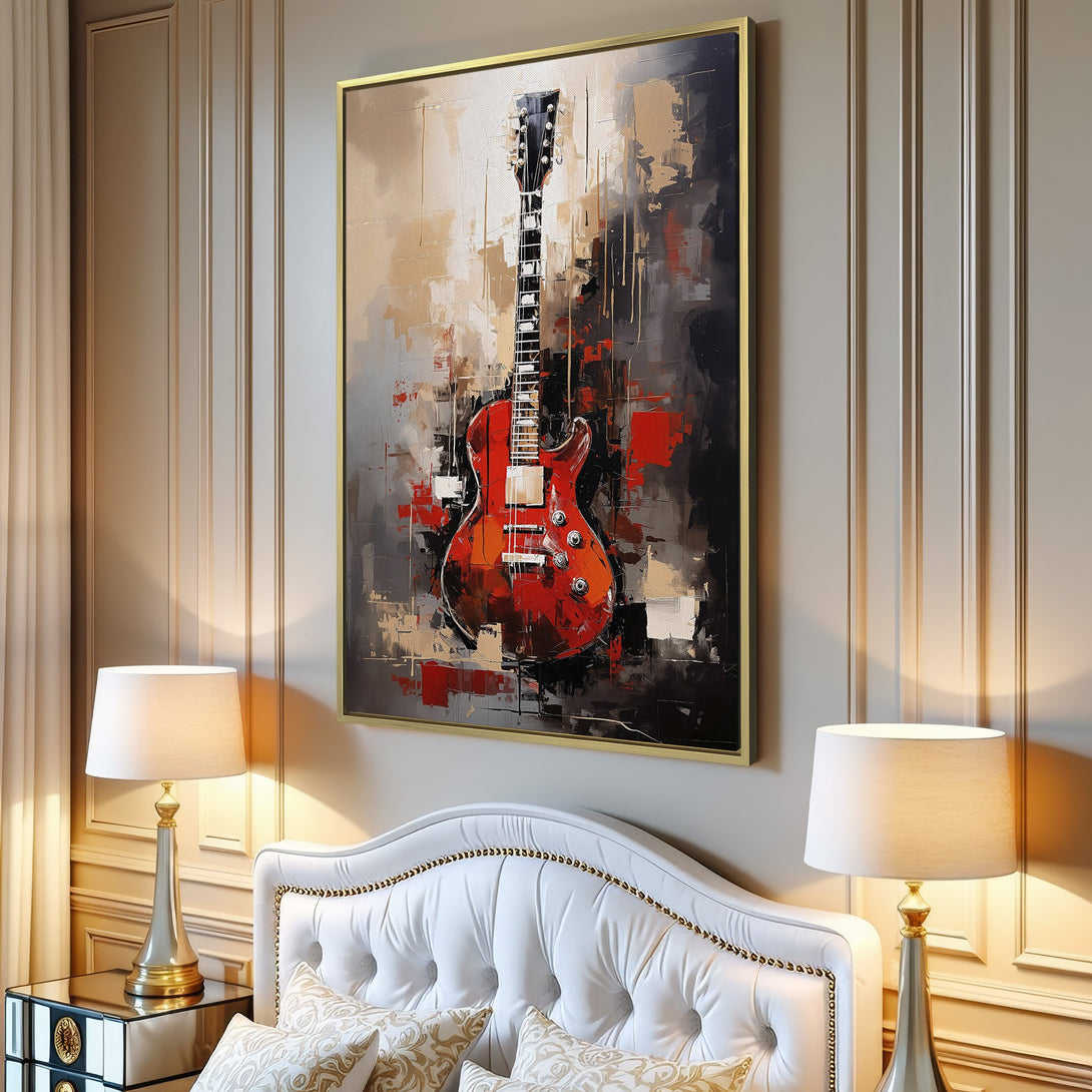 Abstract Canvas Print of a red electric guitar. Modern art style with a neutral, warm color palette. Perfect for any music lover's home decor.