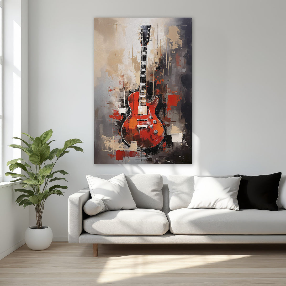 Framed Wall Art: Abstract red guitar painting. Modern art canvas print with a warm, neutral color palette. Perfect for bedroom decor.
