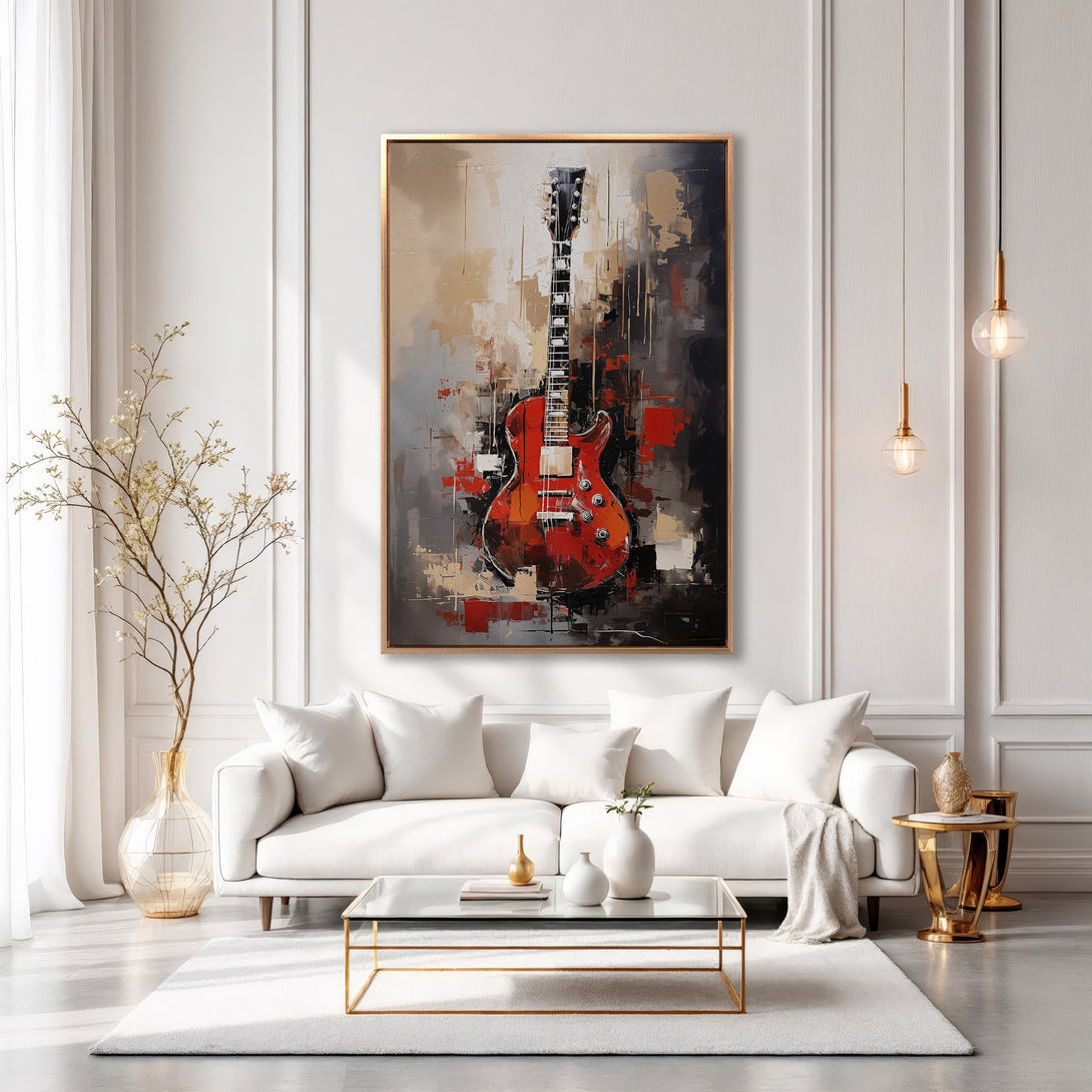 Framed Wall Art: Abstract guitar painting in a modern interior. Features a red, black, and neutral color palette. Perfect for music lovers!