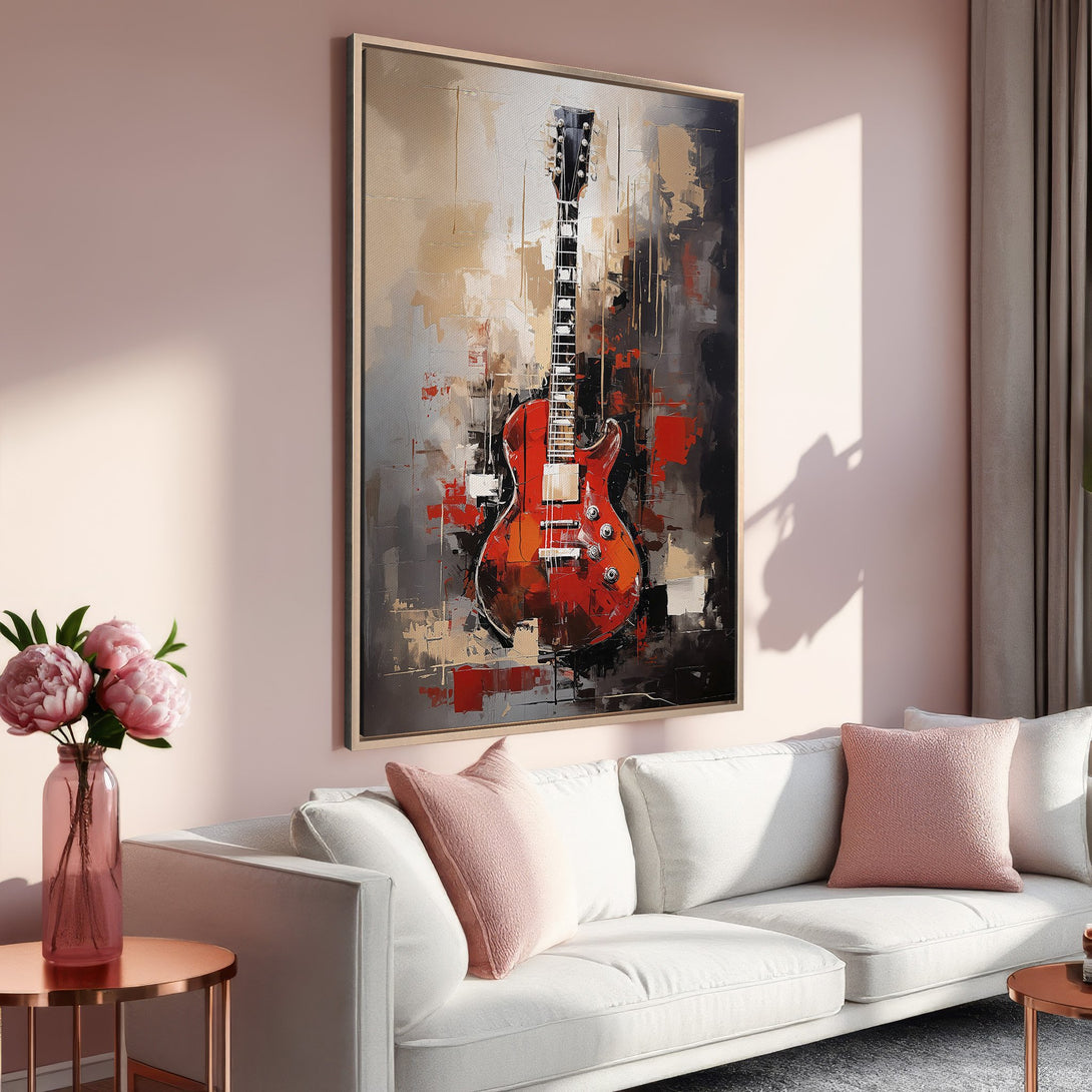 Framed Wall Art: Abstract guitar painting in red, black, and beige. Modern art for living room with a soft, neutral color palette.